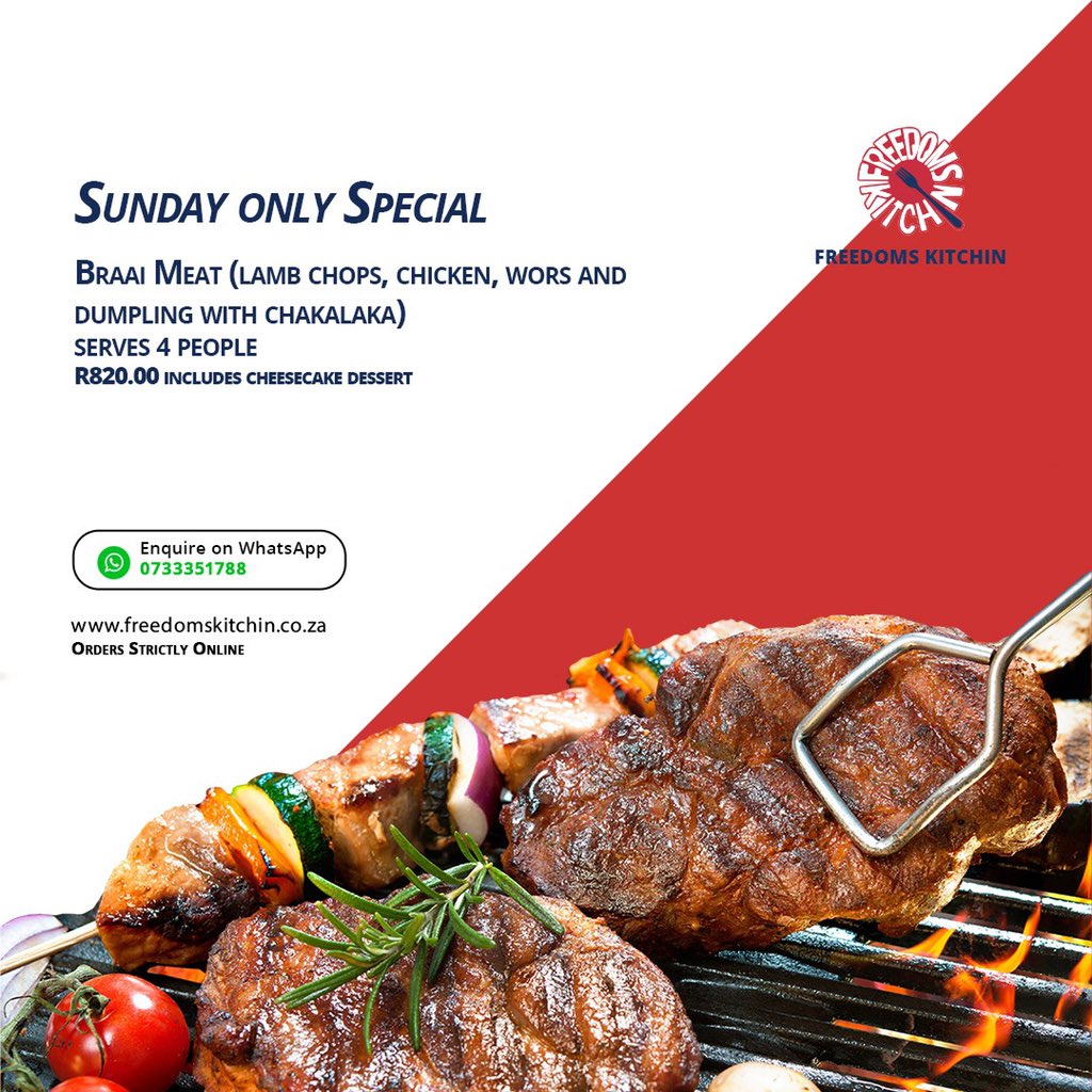 FreedomsKitchin's tweet photo. Missing a lekker Shisa Nyama, we know we do! So we have put together a succulent menu for Sunday’s Only. Order by Friday 12pm every Friday to get your craving sorted. #DontGoHomeToFeelAtHome #ShisaNyamaSundays #BraaiSundays #MeatyDays #Nyams https://t.co/5Ou7YbTito