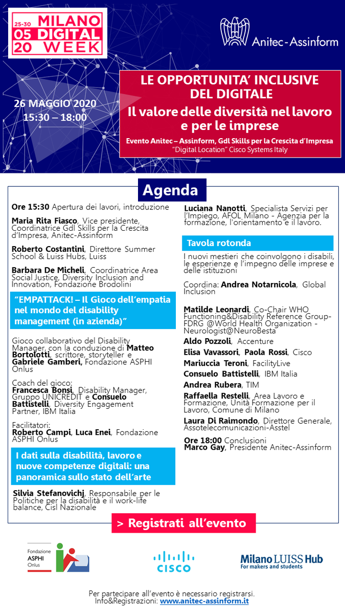 anitecassinform's tweet photo. #update #agenda
“Le opportunità inclusive del digitale: Il valore delle diversità nel lavoro e per le imprese”
#26maggio • 15:30 – 18:00
“Digital Location” @CiscoItalia
#MDW #milanodigitalweek
Registrati all'evento: https://t.co/nByFdCDyVK https://t.co/TFe7UkaFBP