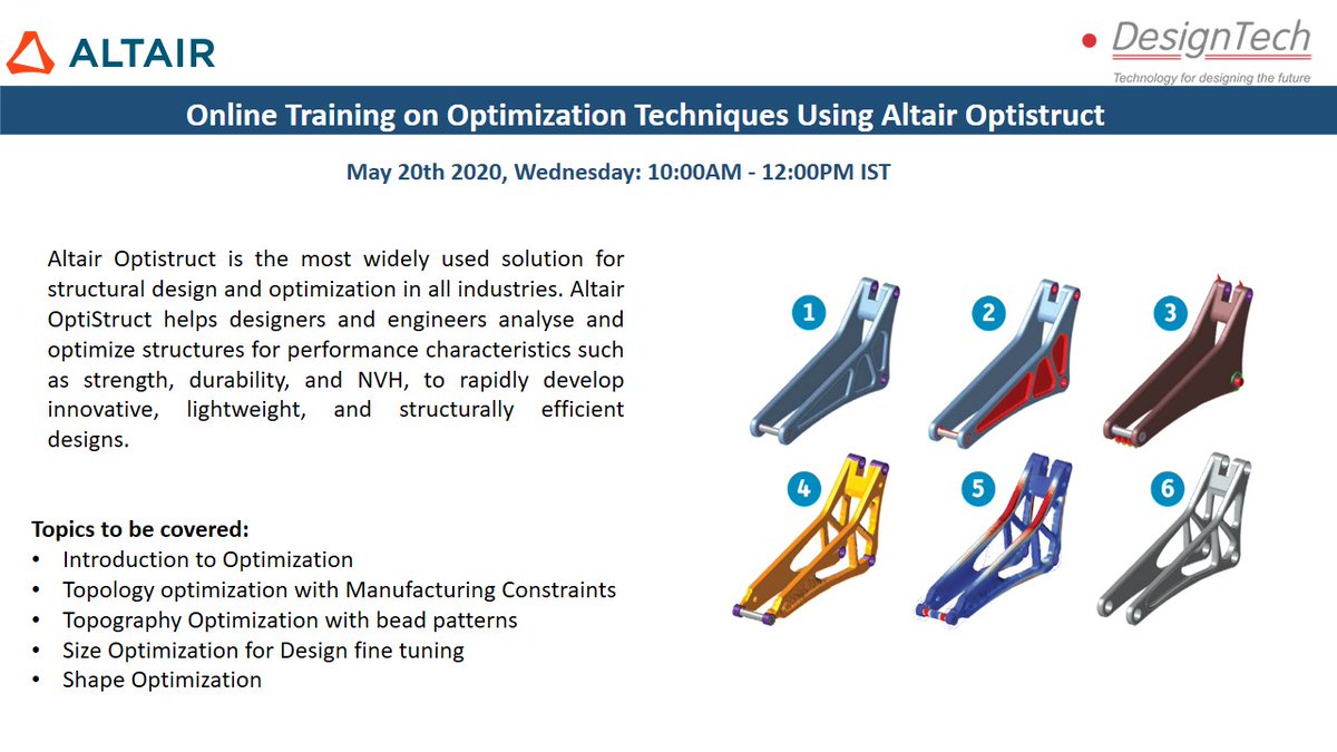 DesignTechSys's tweet image. DesignTech Systems #Webinar on #Altair #OptiStruct
Join us for #Online #Training on “Optimization Techniques Using Altair OptiStruct”
Day &amp;amp; Date: Wednesday, 20th May 2020
Time : 10:00 AM - 12:00 PM ( IST )
Registration Link :
register.gotowebinar.com/register/19412…
#DesignTechSys #WebinarAlert