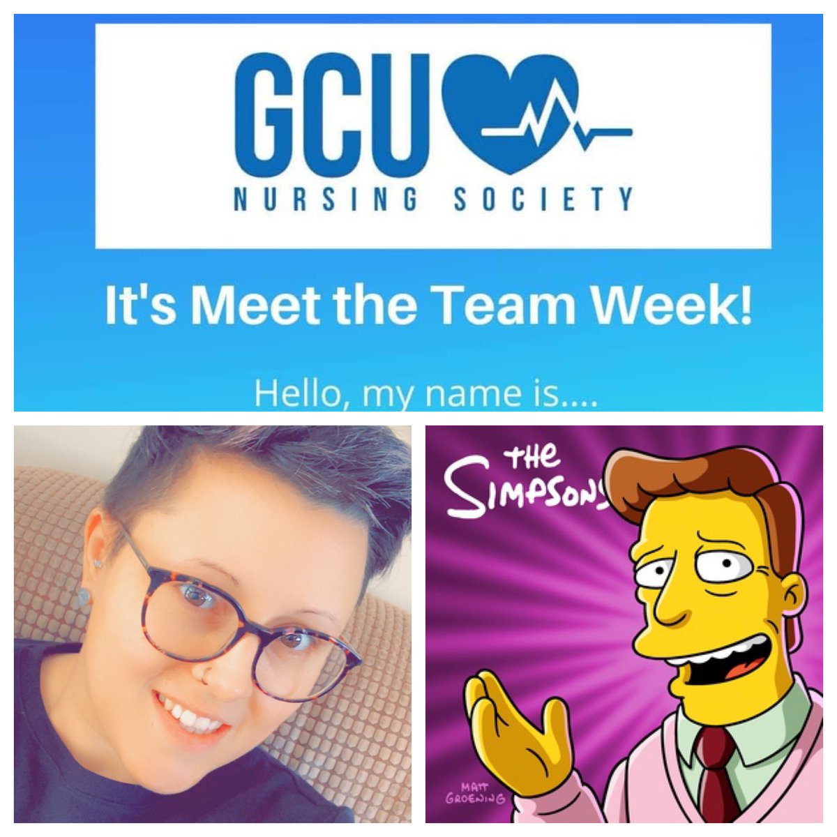 GCUNursingSoc's tweet photo. Hello, my name is Kate, you may remember me from such days as last weekend.
I’m part of the #GCUNursingSociety Social Media Team and a 1st Year Student Nurse. 
I’m a massive Simpsons Fan 🤷🏻‍♀️. What’s your favourite TV Show?

#GCUNurses #GCUStNs #GCUFamily #IAmGCU https://t.co/dd6L8cOtca