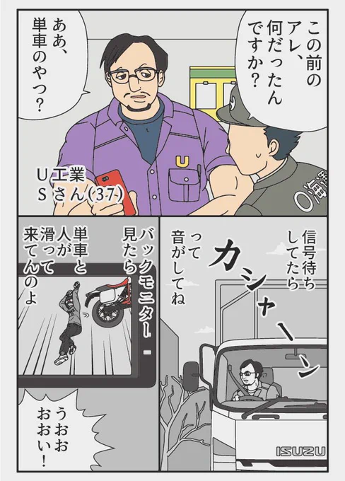 漫画 トラックの怪談
U工業 Sさん(37)

バイクやヘルメットが通る高さではなかったです。 