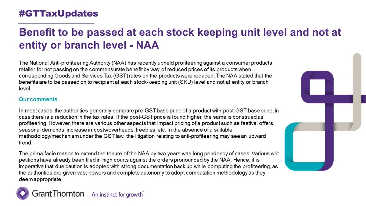 GrantThorntonIN's tweet photo. The National Anti-Profiteering Authority #NAA in a recent case has held that benefit of reduction in #GST rate is to be passed at each stock keeping unit level and not at entity or branch level. #GTTaxUpdates 

To read our detailed alert, click https://t.co/C6ZmZvSlnm https://t.co/tk1qpS7DsI