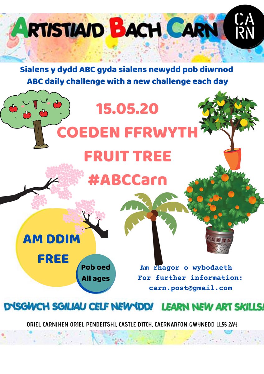 carn_celf's tweet photo. Morning all! To finish the week, today’s #abccarn challenge is
FRUIT TREE 🍎🍐🍊🍋🥥🍑🍒
Everyone’s welcome to join in 🙂 enjoy!#abccarn #carncelf #carncaernarfon #art #create #artforkids #thingstodo #StayHomeSaveLives https://t.co/iyHeCJVVOW