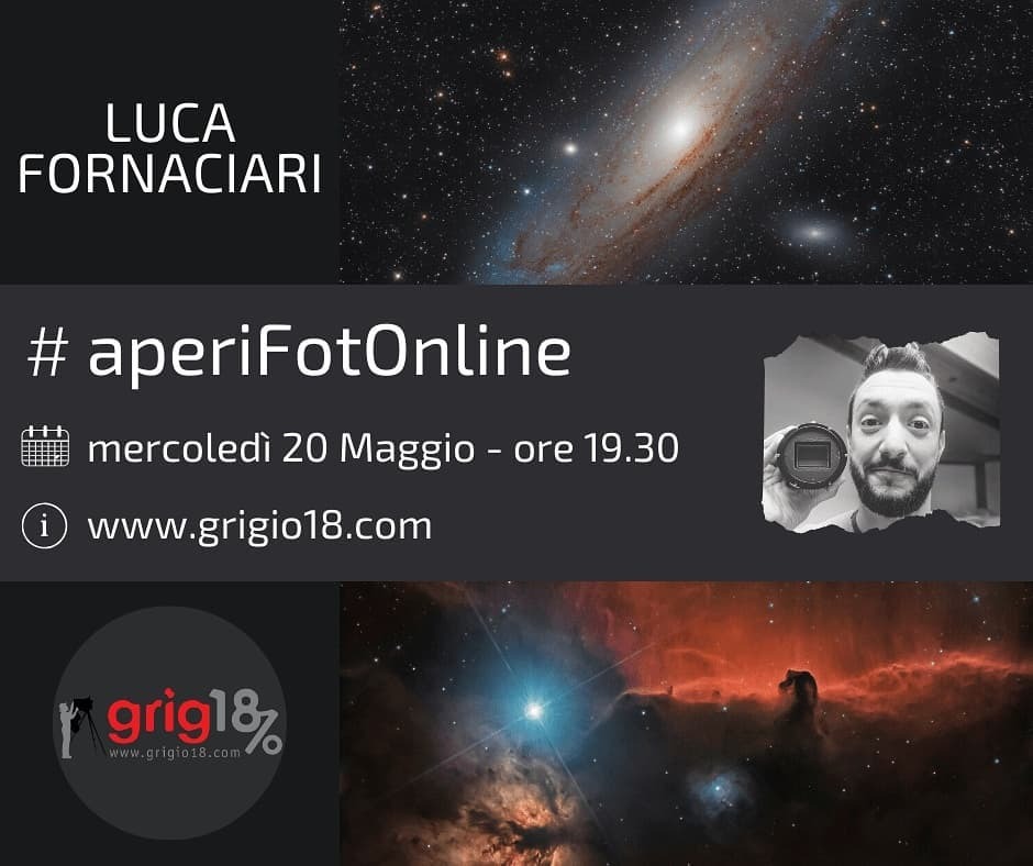 Grigio18's tweet photo. #aperiFotOnline 🍸
.
Luca Fornaciari e la fotografia astronomica ✨☄️
.
Terzo appuntamento del nostro nuovo ciclo di incontri on-line: gli aperitivi fotografici virtuali
.
Ospite della nostra serata sarà Luca Fornaciari @luca_fornaciari_photography che… https://t.co/jw8XyAPm0k https://t.co/GNApi1dbc5