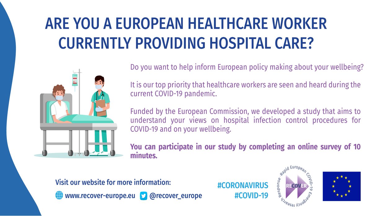 RECOVER (@recover_europe) on Twitter photo Inviting all European healthcare workers who provide hospital care to participate in a 10-min online survey! It is our priority that all #healthcareworkers are seen and heard during the current #COVID19 pandemic. Visit: bit.ly/eu-recover Inviting all European healthcare workers who provide hospital care to participate in a 10-min online survey! It is our priority that all #healthcareworkers are seen and heard during the current #COVID19 pandemic. Visit: bit.ly/eu-recover