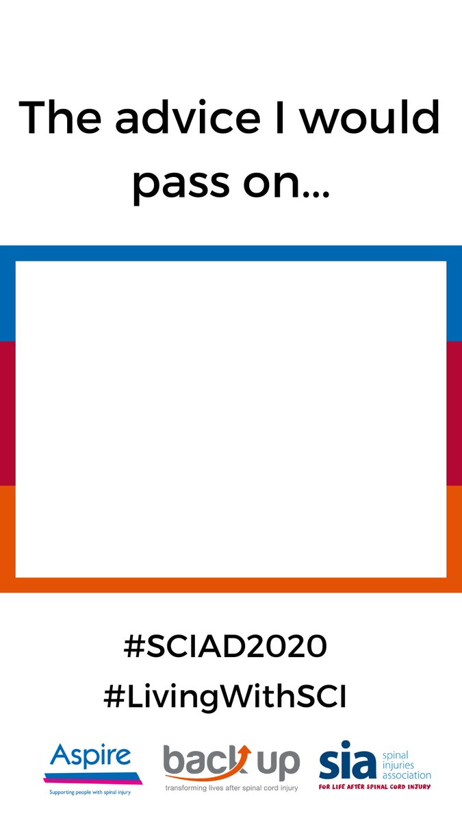 spinalinjuries's tweet photo. HOW CAN YOU GET INVOLVED? #SCIAD20
We are asking you to pass on a piece of advice to someone else, whatever their age, with a spinal cord injury.
Get involved:
- Download or print our poster
- Write your advice
- Take a selfie and post to social media with #LivingWithSCI https://t.co/OGRiKoKMw6