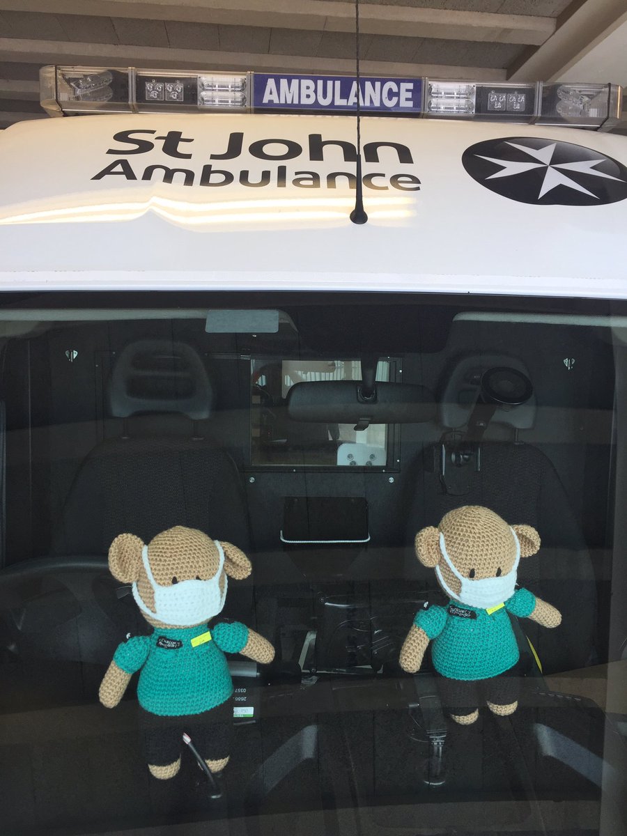 We have some little helpers on our ambulance shift today- thanks Nicky Young for the brilliant hand-made Jim and Tim ambulance bears! #StJohnPeople #NHS #TeamSJA