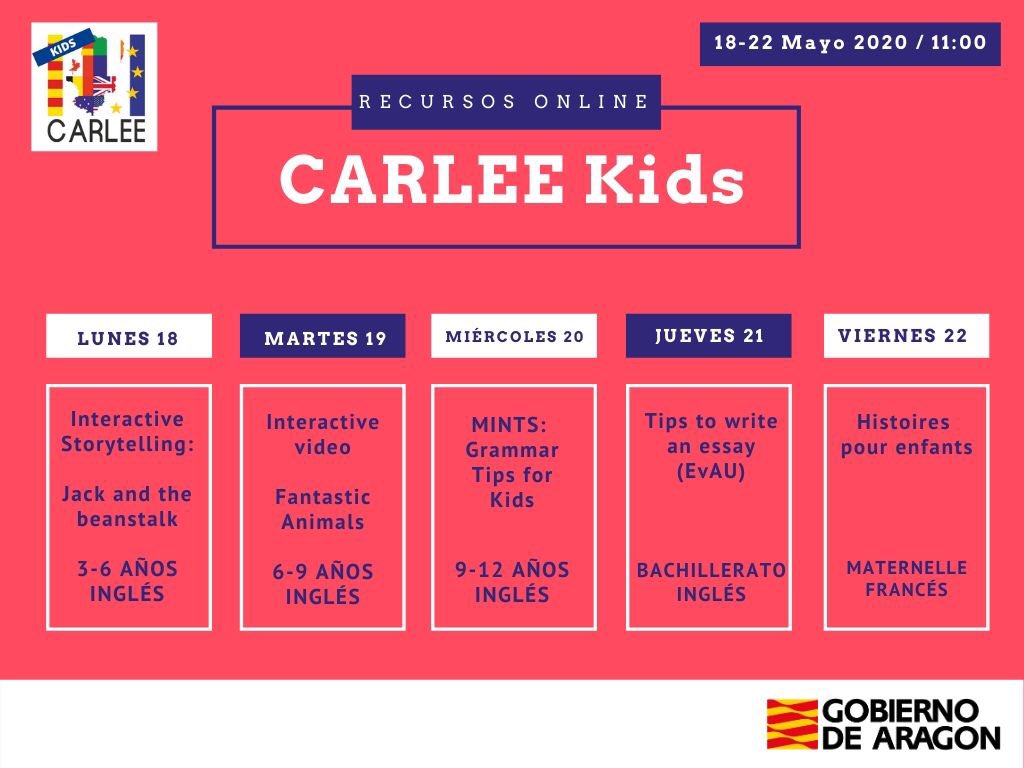 Estrenamos nueva iniciativa: CARLEE KIDS!! Cada día de la semana una propuesta educativa en inglés o francés para todos los niveles educativos. Síguenos en nuestra web y suscríbete a nuestro canal de YouTube. Comenzamos el lunes 18 de Mayo!! <a href="/GobAragon/">Gobierno de Aragón</a>