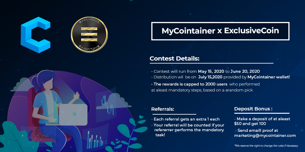 📢 20000 $EXCL #ExclusiveCoin by MyCointainer Airdrop

💫 Get up to 110 $EXCL ($6) by participanting

How 👇
✅ Follow @mycointainercom &amp; us
✅ Like &amp; RT this
✅ Join: t.me/exclairdropbot

🔷 Invite friends and get 1 $EXCL per referral
🔷 2000 users picked

#airdrop #EXCL