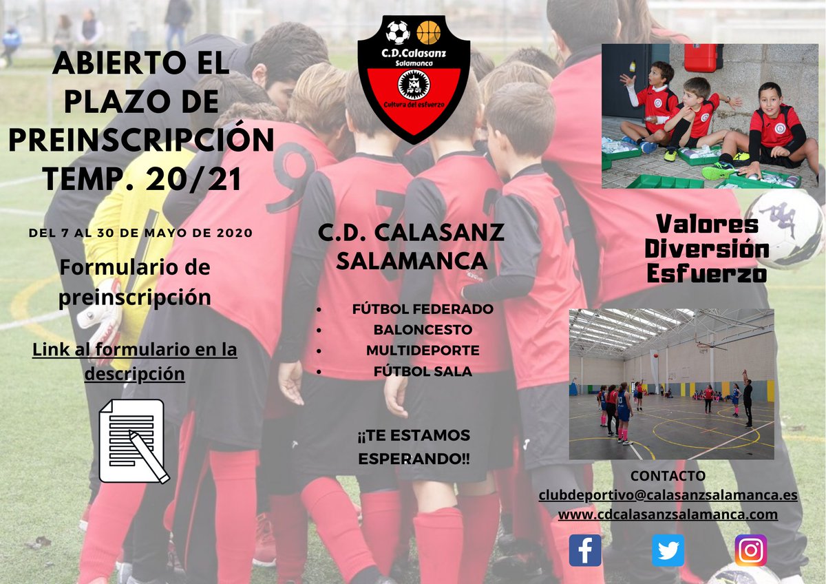 cdcalasanzsal's tweet photo. RECORDAMOS: Abierto el plazo de preinscripción para la temporada 20/21. Hasta el 30 de Mayo.Queremos tenerlo todo preparado para cuando podamos volver a disfrutar de lo que más nos gusta.Miramos al futuro con responsabilidad y optimismo.

Formulario: https://t.co/hgILOIlZ7S
⚽🏀 https://t.co/qNmQJ6Cp22