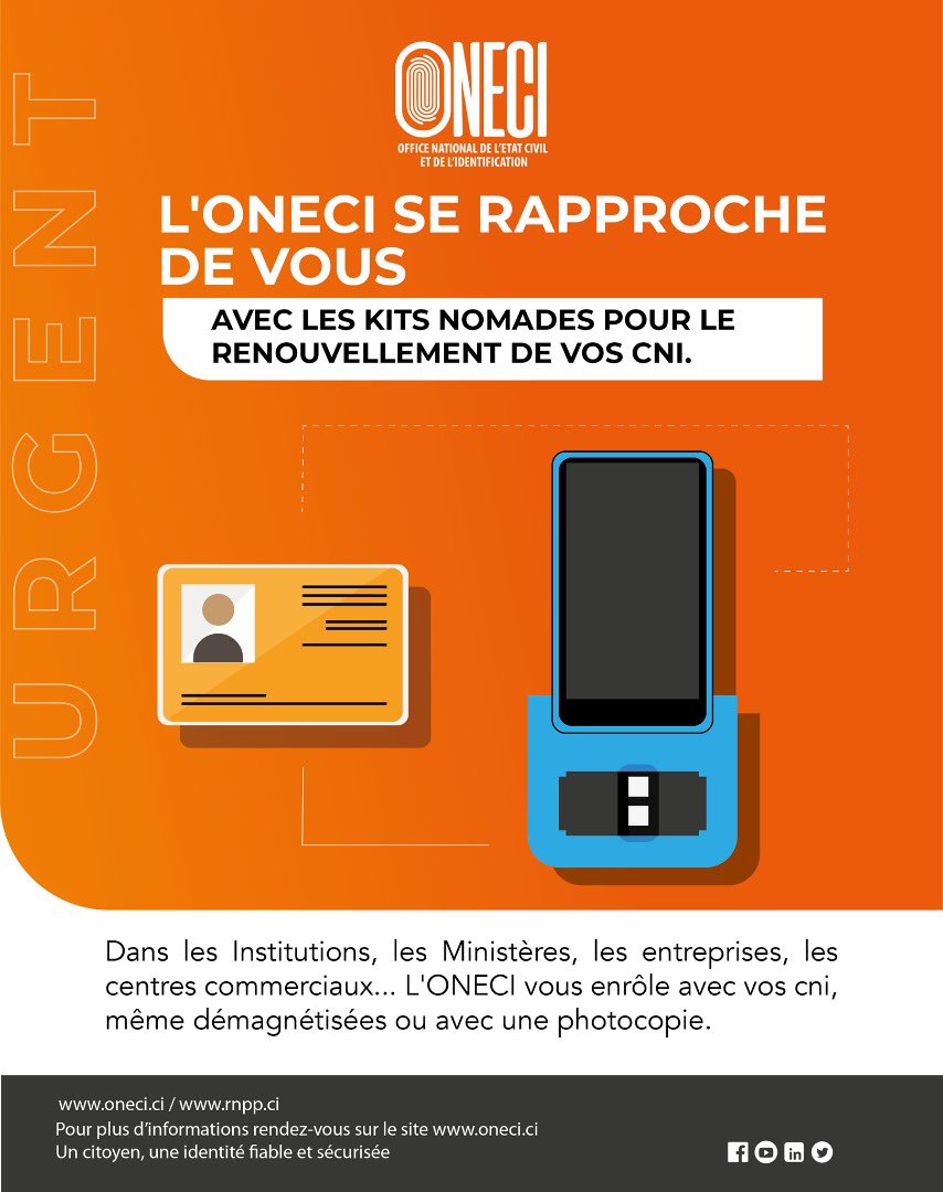 Avec les kits mobiles il est désormais possible pour toute entreprise ou association de solliciter dans ses locaux la présence d’agents de l’ONECI pour effectuer l'enrôlement. 
Achetez le timbre sur rnpp.ci 
#ONECI