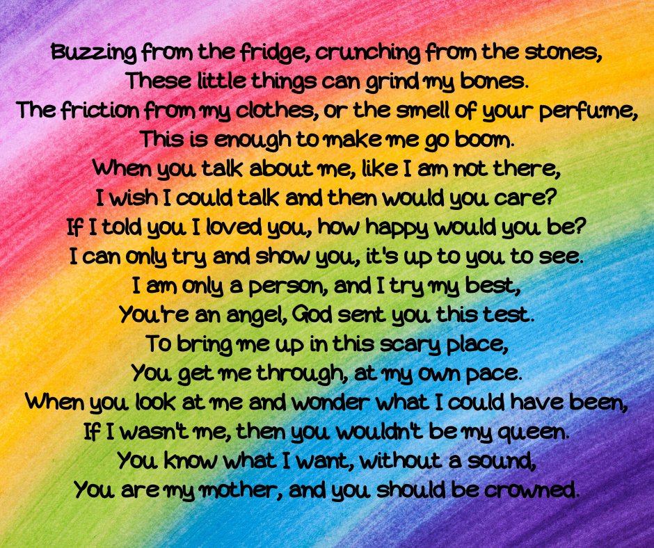 Thank you to Sophie for sharing her amazing poem with us.  Sophie has dedicated this to her mum and this goes out to all the parents supporting their amazing autistic children through these challenging times. #autism #autismawareness #autismparents #AutismAndCovid19