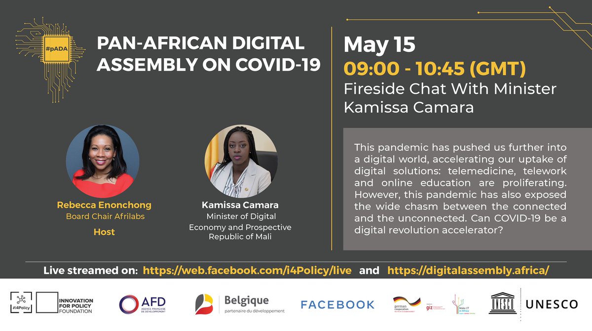 Suivez en direct l’intervention de Mme <a href="/KamissaCamara/">Kamissa Camara</a> à l’Assemblée Panafricaine Digitale sur le #Covid19, le #PADA: facebook.com/i4Policy/video…