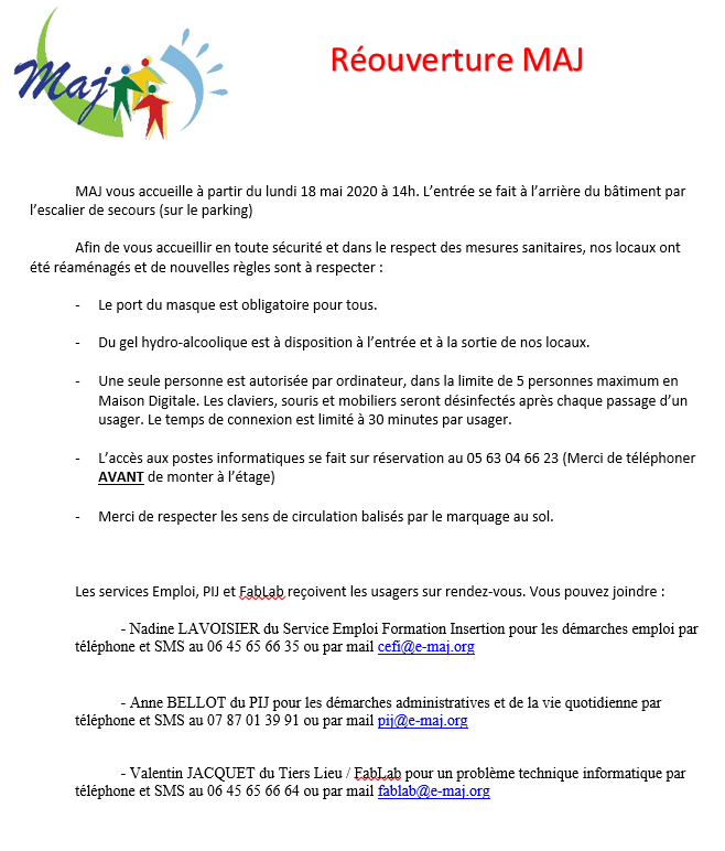 AssociationMAJ's tweet photo. REOUVERTURE MAJ 
(Sur RDV et Réservation)
18 mai 2020 à partir de 14H

Merci de lire les instructions suivantes et de bien les respecter lors de votre venue.

#Deconfinement #SolidariteCOVID19 https://t.co/SFT6i98Vs8