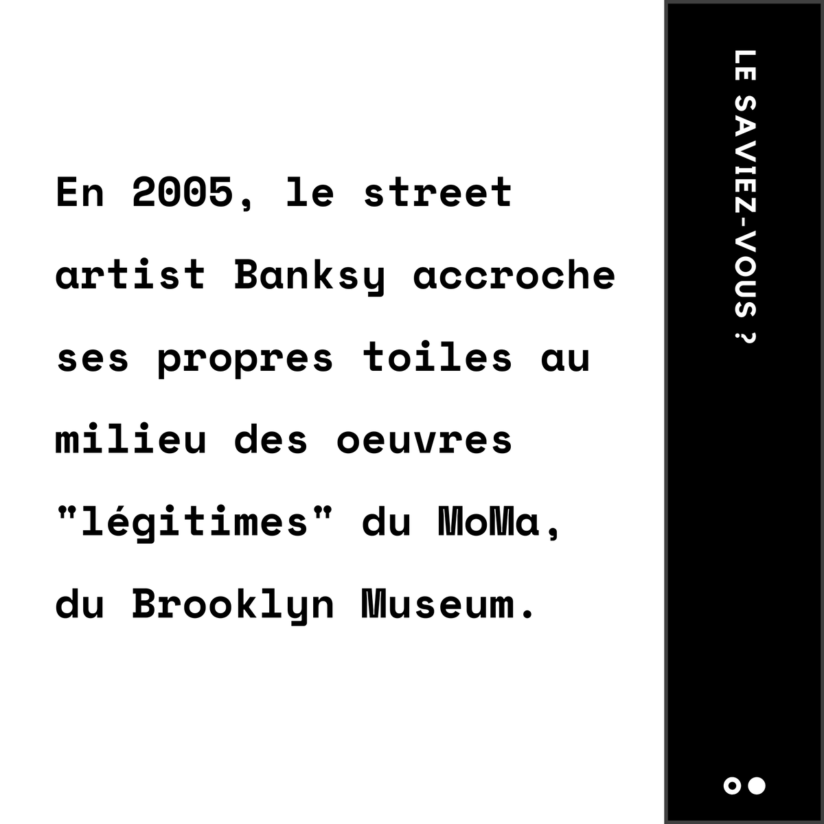 AltCollectif's tweet photo. [#Unfaitsurlart]

Une de ces œuvres est resté exposée plus de 3 jours au MoMa avant qu'ils ne remarquent la supercherie et qu'ils la décrochent.

#banksy https://t.co/sYZhbM2uRF