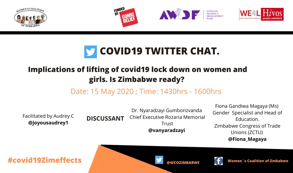Join <a href="/joyousaudrey1/">Audrey C</a> as she facilitates a discussion with <a href="/vanyaradzayi/">Nyaradzayi Gumbonzvanda</a> and <a href="/Fiona_Magaya/">Fiona Gandiwa Magaya</a> discussing on the implications of lifting lockdown on women and girls in Zim <a href="/MoHCCZim/">Ministry of HealthZW</a> <a href="/ZWwomensmed/">Ministry of Women Affairs, Community & SME Dev</a> <a href="/sallyncube/">Sally Ncube</a> <a href="/rumashaya/">Rumbidzai Briee Mashayahanya</a> <a href="/unwomenzw/">UN Women Zimbabwe</a> <a href="/ronila/">valentina troncoso</a> <a href="/GwenTrust/">GWEN ORG</a> <a href="/RozariaConnects/">Rozaria Memorial Trust</a> <a href="/AdultRapeClinic/">ARC</a>