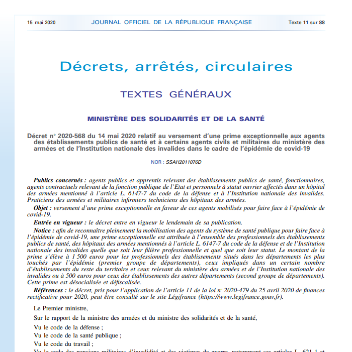 #Coronavirus | Prime attribuée aux professionnels hospitaliers
Publication du décret : 
◾1 500 €: dans les zones touchées par l’épidémie 
◾1 500 €: aux agents travaillant dans les services dédiés au #COVID19
◾500 €: aux agents des autres services

📩 legifrance.gouv.fr/affichTexte.do…
