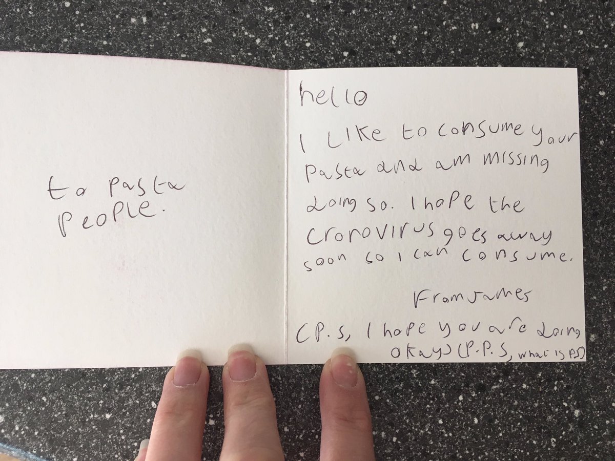 Lisalaaa's tweet photo. @asda my son has written this for the “Pasta People” aka the wonderful cafe staff in your Ferring, West Sussex, store who are always so lovely to him. He’s missing them, (and his pasta Bolognese!) I’m hoping to get it to them somehow? https://t.co/06YesokM5A