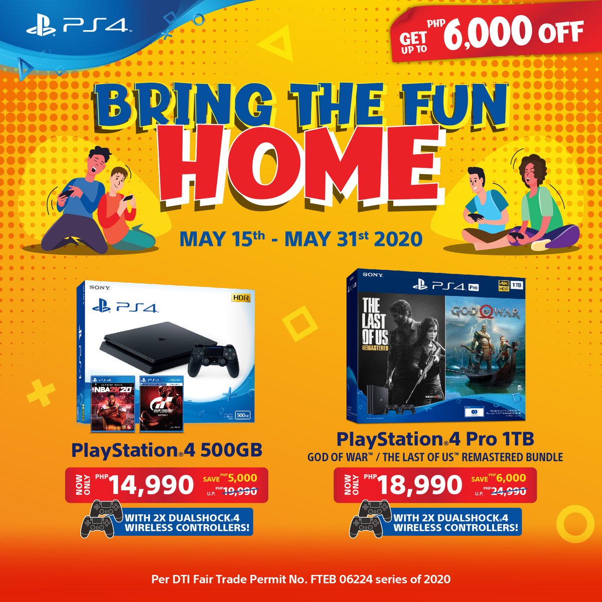 SonyPHinc's tweet photo. Make moments at home fun with PlayStation 4. Choose between the 500GB and 1TB models that comes along with 2 FREE GAMES.

Get PHP 6,000 OFF when you purchase from May 15 to May 31, 2020. #SonyPH https://t.co/vUQUuJ7IzM