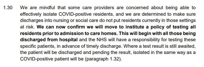 Here is the govts latest “action plan” from 15 April.It says "we will MOVE to institute a policy of testing residents prior to admission to care homes.”This was a month ago but has it happened? Is anyone tracking it? (Research by  @janestevenson68)  https://assets.publishing.service.gov.uk/government/uploads/system/uploads/attachment_data/file/879639/covid-19-adult-social-care-action-plan.pdf