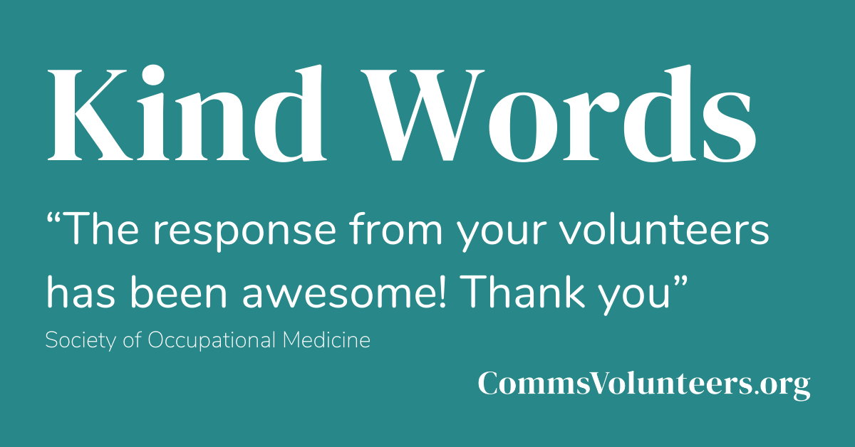 CommsVolunteers's tweet photo. Some kind words for the support our #CommsVolunteers have given the Society of Occupational Medicine 

#volunteering #volunteers #communications #support #PPE https://t.co/0XSivAoj4K