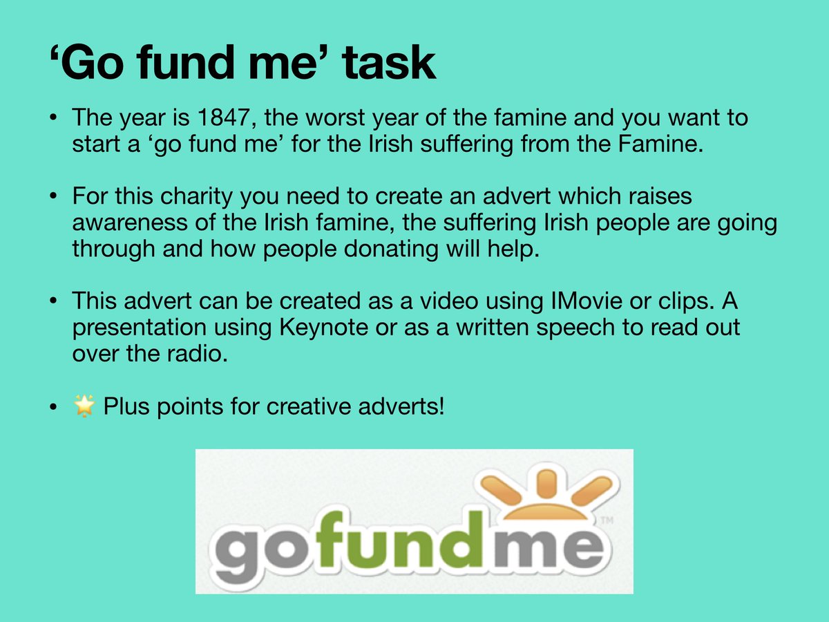 OideAaron's tweet photo. One of today’s second year history tasks was to create an advert to raise awareness and money for the Irish people during the famine! Really impressed with everyone’s creativity, some excellent ads submitted! @Kingswoodcc16 #distancelearning #AppleEDUchat @JctHistory https://t.co/BXceI9FEz8