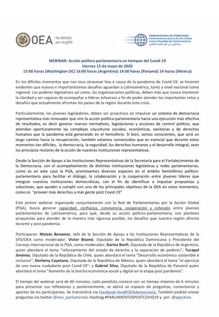 Les invitamos a participar en la conferencia, organizada por <a href="/OEA_oficial/">OEA</a>, sobre Accion politico-parlamentaria en las Américas en tiempos de #COVID19. 

Este 15 de mayo de 2020. Mas información ⬇️ 

-
<a href="/OEA_parlamentos/">OEA - Parlamentos</a> <a href="/oeaoficial/">OEA</a> #parlamentariospostcovid19