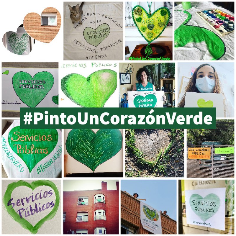 PAH_BCN's tweet photo. Se cumplen nueve años del #15M, cuando tomamos la calle para defender a las personas frente a los intereses de bancos y corruptos. Hoy volvemos a defender lo público y colectivo. Ni recortes ni privatizaciones de los #ServiciosPúblicos💚. #PintoUnCorazónVerde #PlanDeChoqueSocial https://t.co/FAIKKIrQed