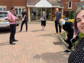 HCH_Wokingham's tweet photo. The team at Alexandra Grange practising what we preach today and enjoying our daily meeting outside in the #sunshine promoting our #Fresh15 concept! #Fresh15 is an initiative started to promote #residentwellbeing by encouraging 15 minutes fresh air and natural light each day! https://t.co/9eDjJkJK3j