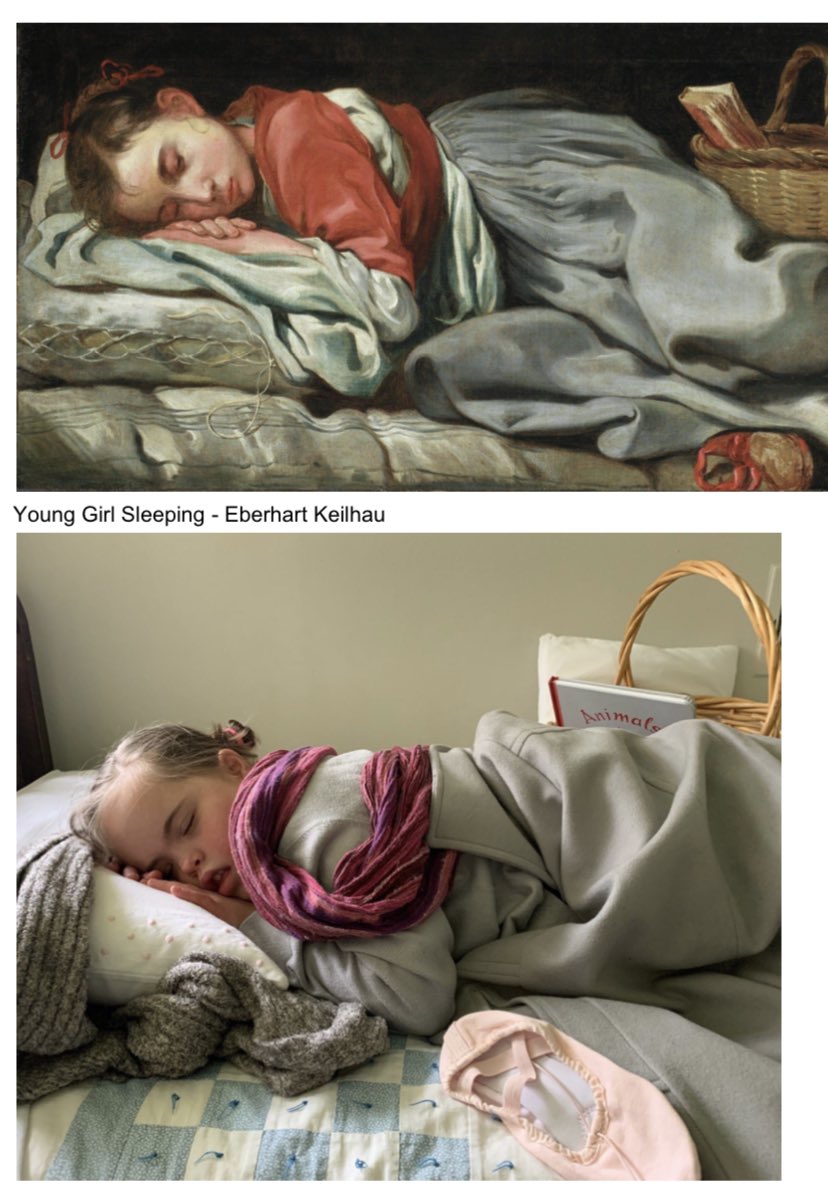 JocelynGCook's tweet photo. This week’s art lesson was to recreate a piece of art from the @DIADetroit 🖼 Julia was so excited to do this piece “Young Girl Sleeping” by Eberhart Keilhau 😊 #recreatedia #SomeGoodNews #adventuresofjulia #distancelearning #bpsconnected https://t.co/nu9KBt6n6h