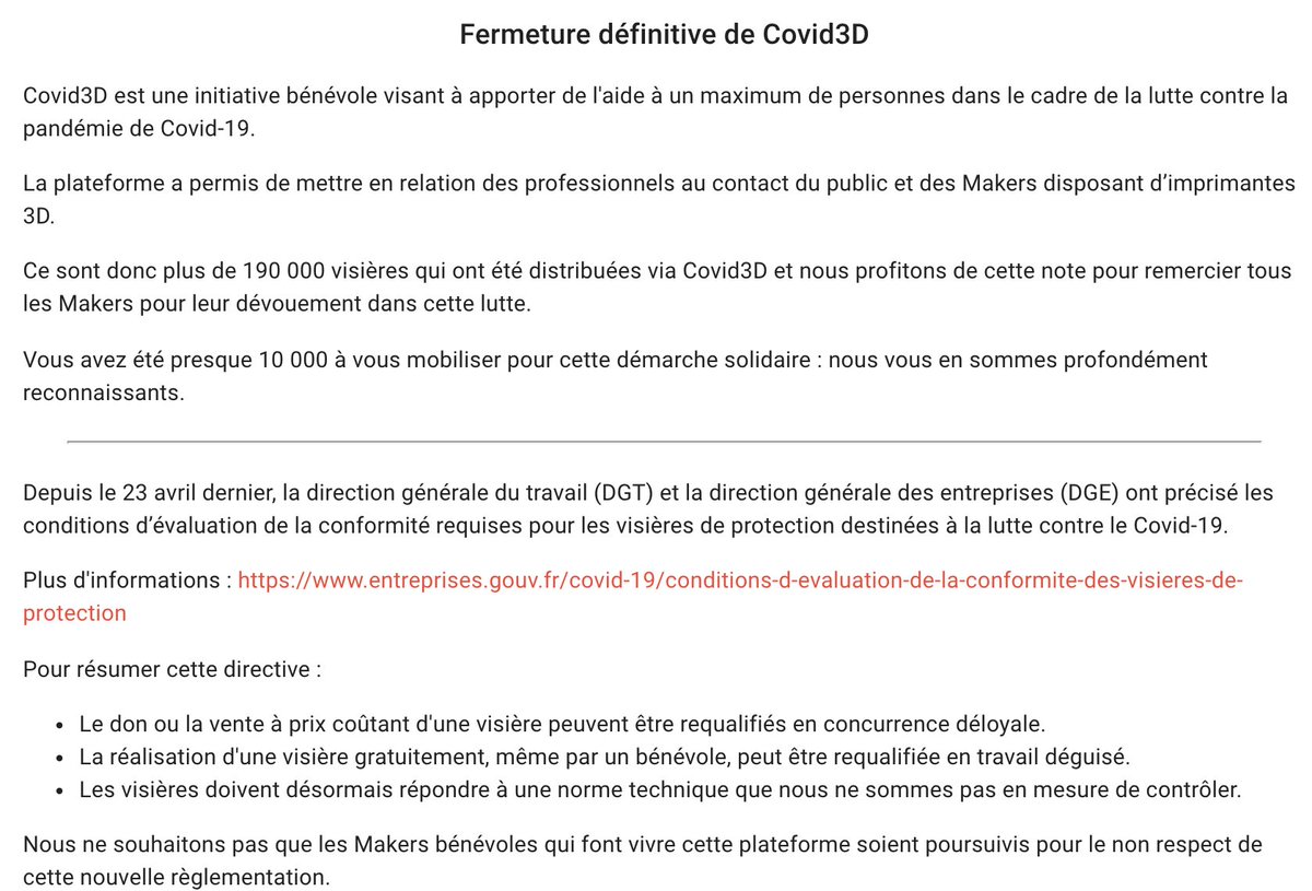 Affordanceinfo2's tweet image. Vous vous souvenez ? Les makers, l&apos;entraide, l&apos;impression 3D. Et puis un jour, le retour de la main du marché dans la gueule de la solidarité, du don et de l&apos;entraide. Les bâtards. covid3d.fr