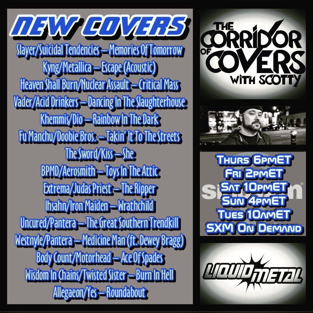 fnliquidmetal's tweet photo. #corridorofcovers w/ #scotty on #sxmliquidmetal .. All NEW Covers (except the first #slayer one) plus a #Dio Tribute in the Bonus Power Hour (On Demand ONLY) 🤘🤘 #metal #heavymetal #metalcovers #coversong #siriusxm https://t.co/SYoy116P4d