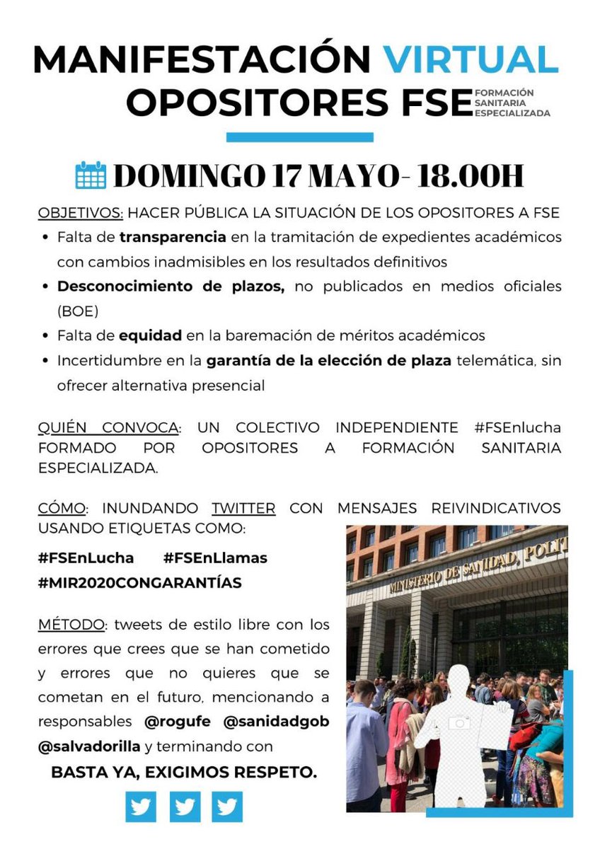 Los exámenes de #mir siempre tienen irregularidades pero los #2MIR20 están soportando una falta de transparencia y organización que va a condicionar el resto de su carrera.
Han organizado una manifestación virtual para visibilizarlo.
#MIR2020conGARANTIAS #FSEnLucha #FSEnLlamas