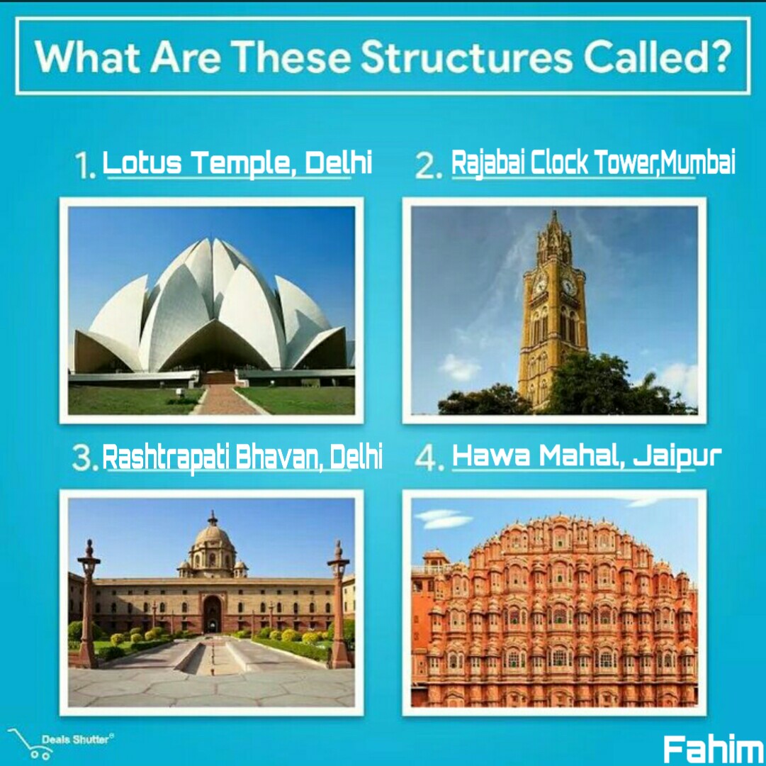 Fahim6t's tweet photo. @dealsshutter @AmritsarAcademy 1.Lotus Temple, Delhi
2.Rajabai Clock Tower, Mumbai
3.Rashtrapati Bhavan, Delhi
4.Hawa Mahal, Jaipur
#Dealsshutter
@AmritsarAcademy
@dealsshutter
@_mubarak_thala
@Aaravsingh28
@MohanGayatri
@1976Piyush
@jashjain007
@SrinathAkula369
@jinijony08
@abha_mishra19
@Aka5hKr https://t.co/LH9l6zyQ6z