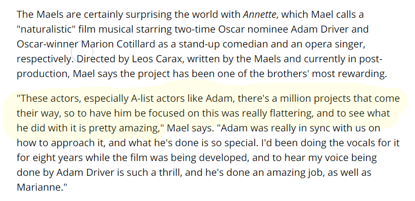 Axolotl101's tweet photo. I think it's quite clear what kind of projects are important to Adam.
#AdamDriver #Sparks #AnnetteMusical #Annette
https://t.co/1lSc8eXIW4 https://t.co/EewQuvM935