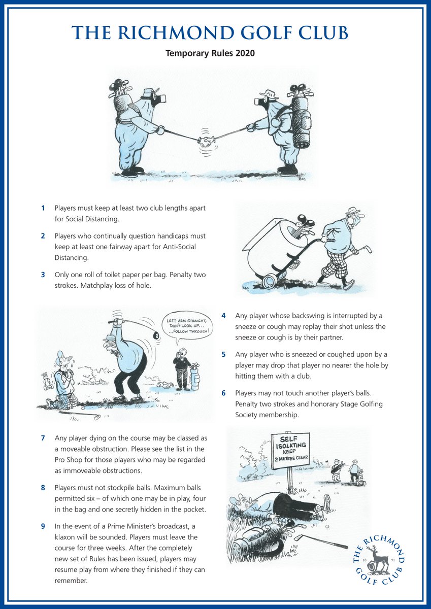 It's been 80 years since we last needed temporary rules, but with the resumption of golf this week our friends <a href="/StageGolfing/">John Peters</a> have provided us with a new set!
We hope you enjoy them as much as the original ones... therichmondgolfclub.com/wartime-rules/
#staysafe #socialdistancing #ProtectTheNHS