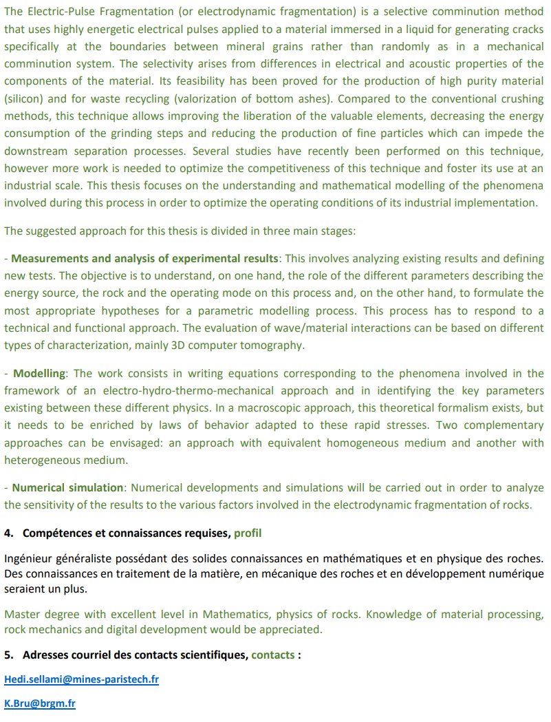 SELFRAG_AG's tweet photo. Come and work with us! @BRGM_fr and @MINES_ParisTech  are offering a PhD on modelling stresses involved during electric pulse fragmentation of rocks.

Contact Hedi.sellami@mines-paristech.fr or K.Bru@brgm.fr for more info.

https://t.co/eS14HSZ3ms https://t.co/pMmh8YgZww