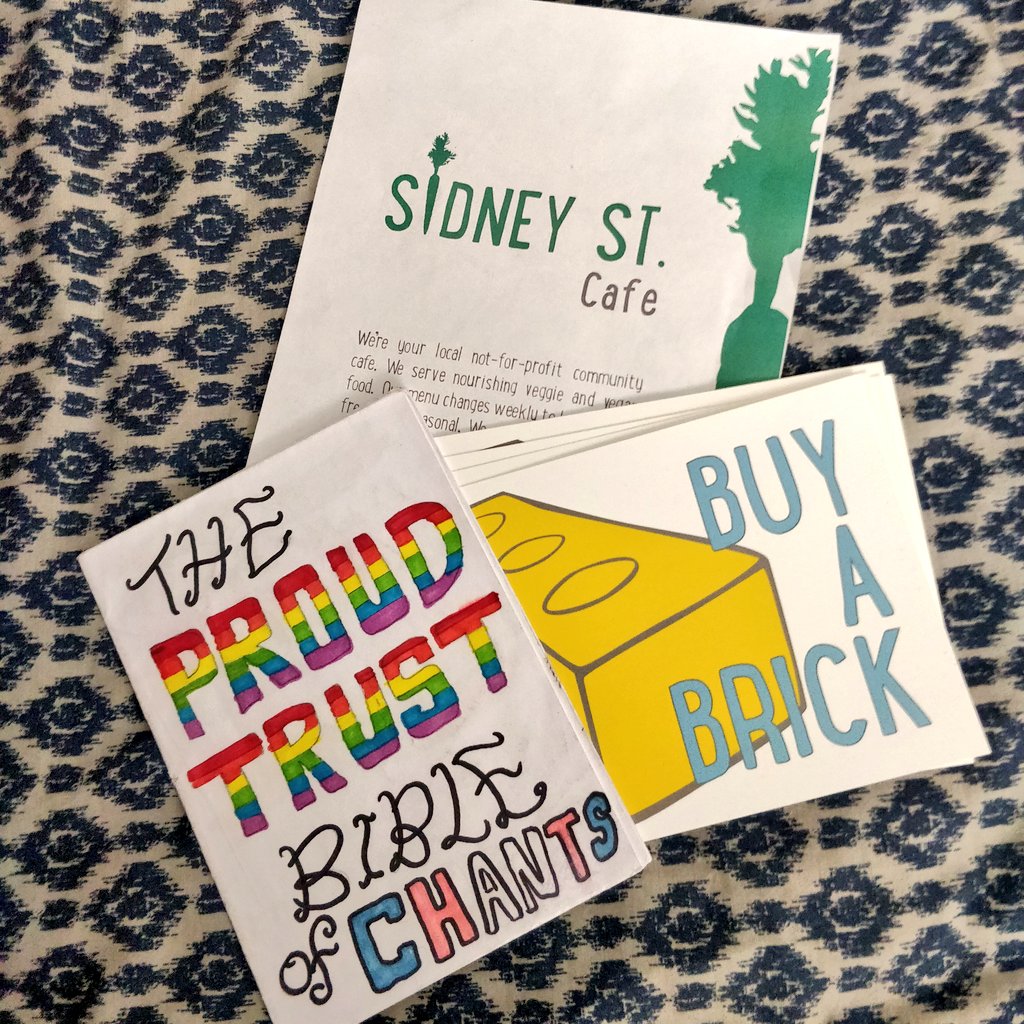 I always have a smattering of flyers and postcards for my work at <a href="/TheProudTrust/">The Proud Trust</a> too - for youth groups, for fundraising, for <a href="/SidneySt_Cafe/">Sidney St Cafe</a> 💚

I LOVE this zine of chants too, made by our young people for last year's <a href="/ManchesterPride/">Manchester Pride</a> Parade!!

@Queer_Britain #QBLockdownHunt
