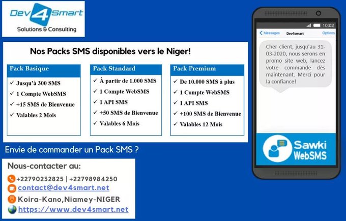 dev4smart's tweet photo. Grâce à Sawki WebSMS, envoyer 📱 et recevoir📲 des sms par internet🌐 devient très simple! Intéressé? Commandez votre forfait SMS dès maintenant au: ☎️+22790232825 | ✉️ contact@dev4smart.net
@dev4smart , pensez-l'innovation!
#WebSMS #HataraDaCovid19 #WaHagoyeDaCovid19 https://t.co/Fzw3SqS8HP