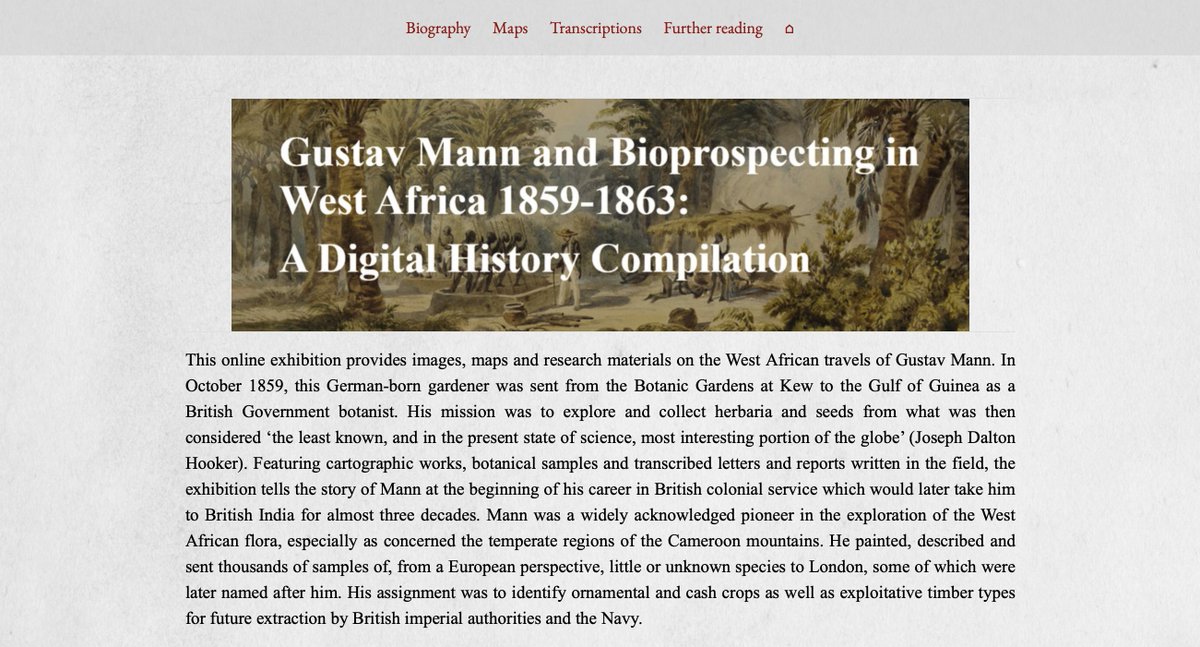'Gustav Mann in West Africa, 1859-1863'
An exciting collection of online primary sources that grew out of the work of students at <a href="/histunibern/">Historisches Institut Universität Bern</a>. The collection will be of interest to all those working on Africa, colonialism and the history of science.

omeka.unibe.ch/s/bioprospecti…