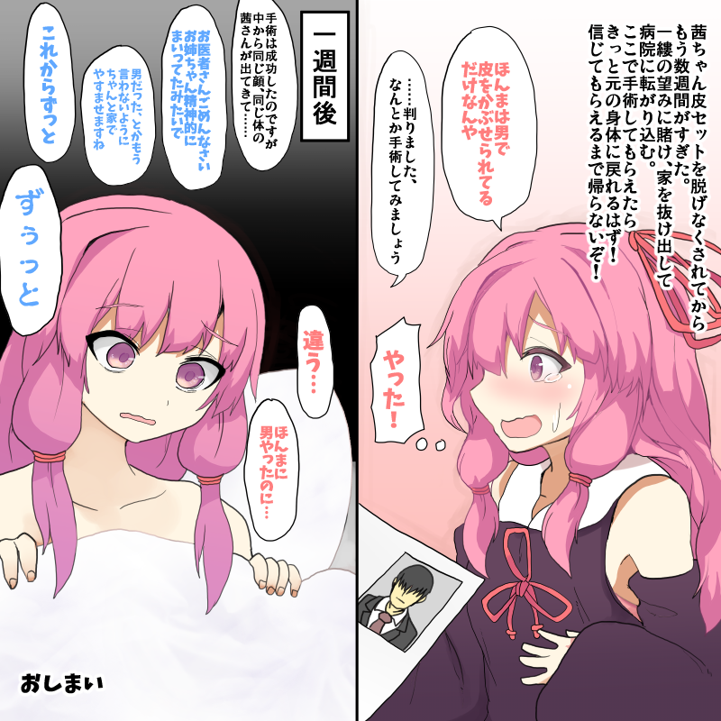 TSFボイスロイド その17
琴葉姉妹 葵ちゃんによって茜ちゃん変身皮セットを着せられた人
【おしまい】 