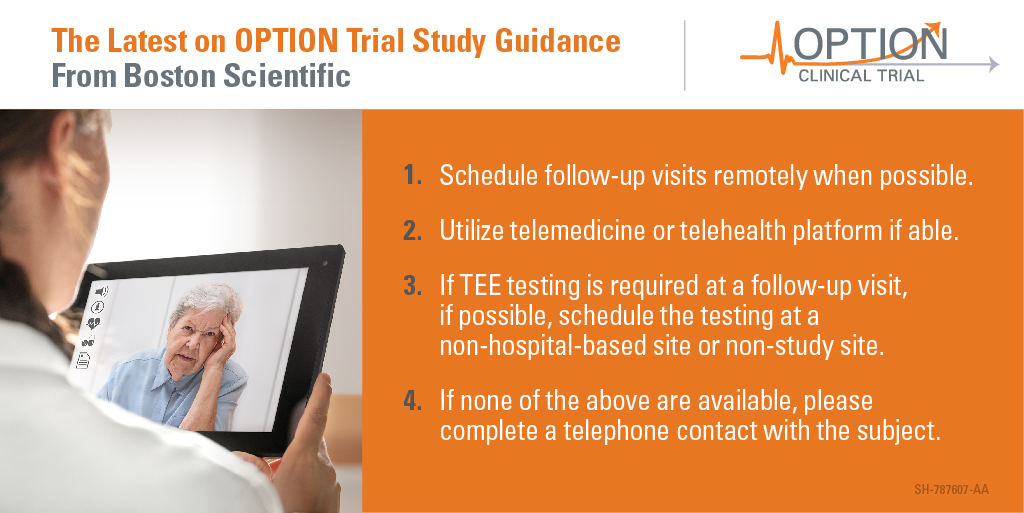 EPLabDigest's tweet photo. If your site has implemented a policy that prohibits or restricts onsite visits for patients enrolled in #OPTIONTrial due to #COVID19 here is @BSCCardiology guidance for patient follow-up. Detailed information was sent to sites on 23 Mar.@josoriomd @DJ_Lakkireddy @andreanatalemd https://t.co/uqCVnjMnfW