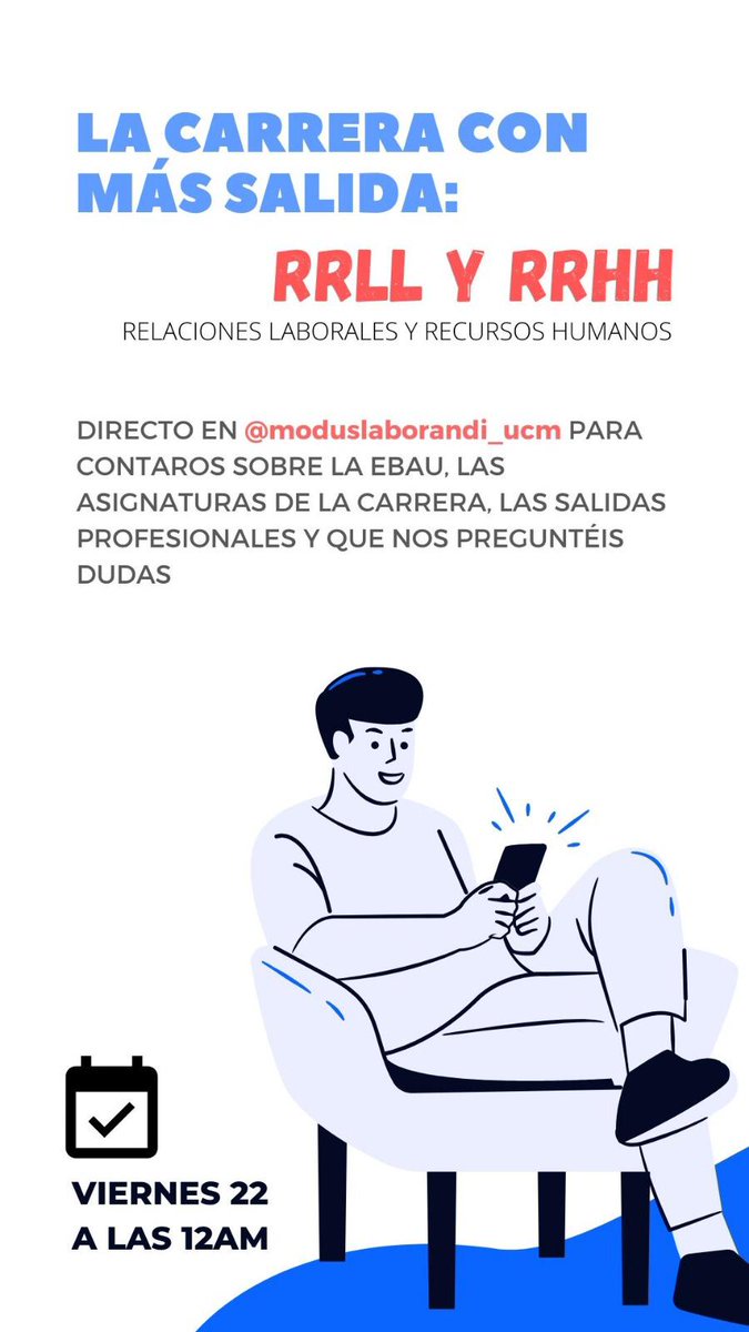 delasota999's tweet photo. El Viernes que viene desde la "Asociación Modus Laborandi" Vamos a realizar un video en directo dando información sobre la carrera, asignaturas, salidas profesionales y resolver vuestras dudas.
Instagram: https://t.co/AxeIAQRS0H
#ebau2020 #selectividad2020 #rrllrrhh https://t.co/3CKoYHqtbw