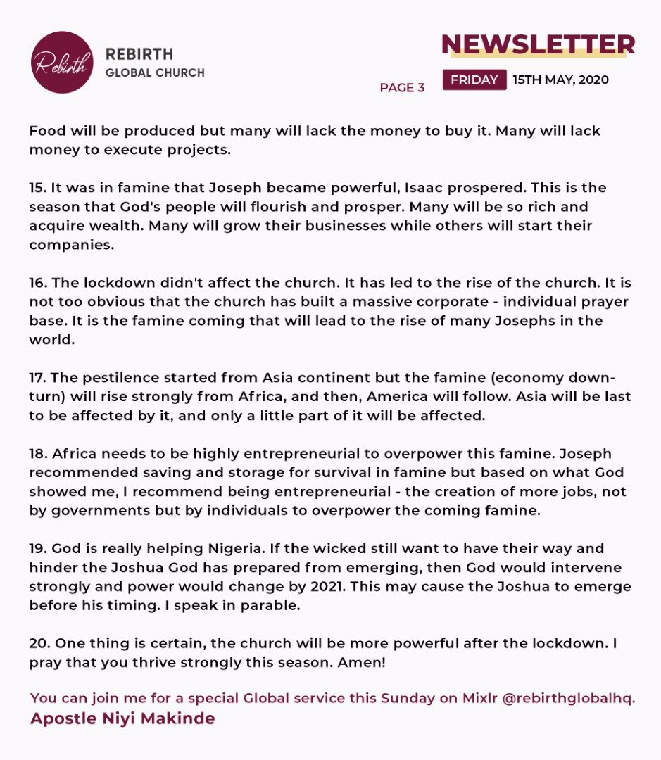 AyoDaraFarayola's tweet photo. This newsletter is not just for RebirthGlobal or Christians but for all men.
This is a divine information of what's happening now and what will happen next, it is for both believers and unbelievers. All School,Association and group need to receive this.
Shalom!
#RebirthGlobal https://t.co/C1phFQyrdC