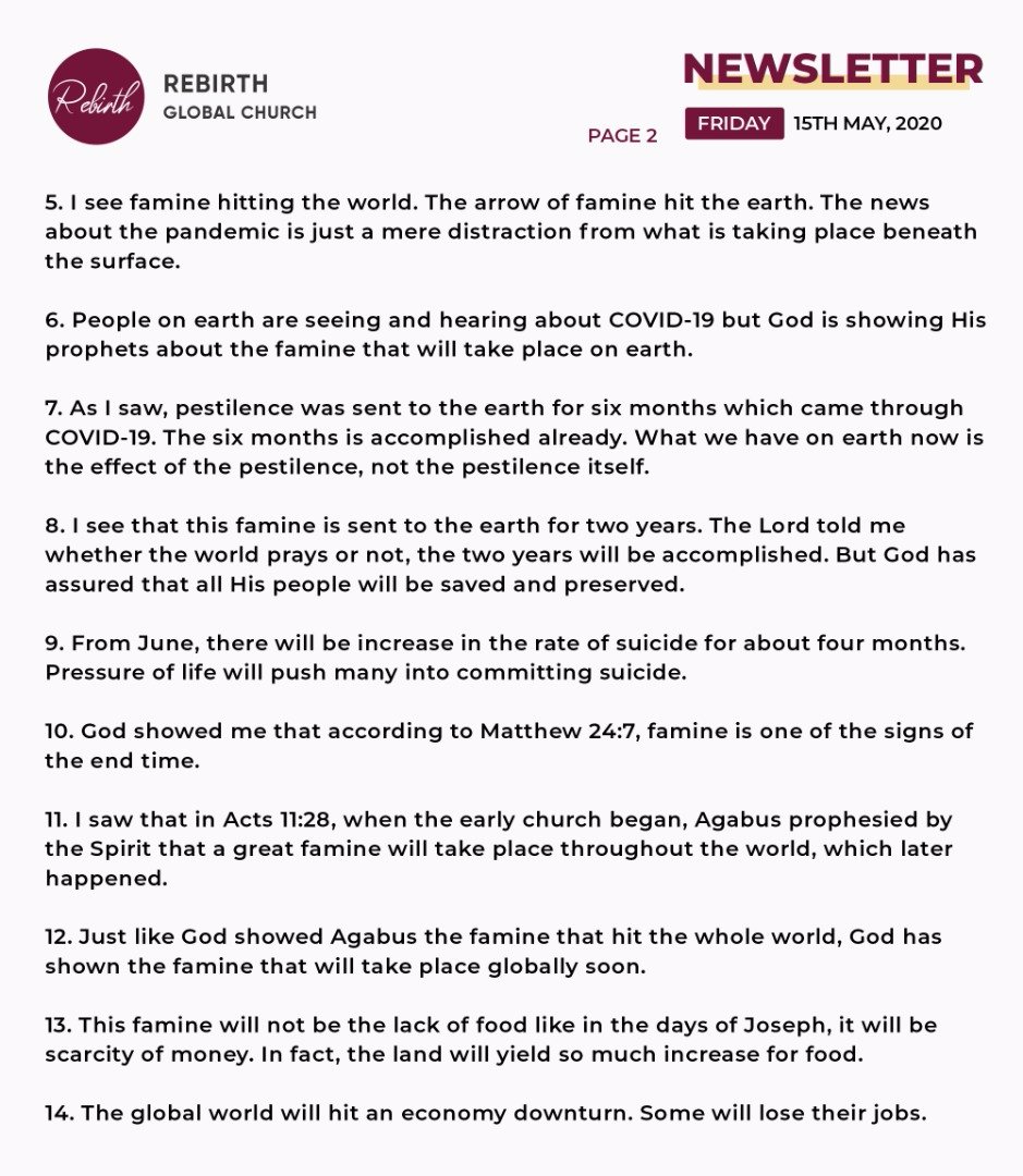 AyoDaraFarayola's tweet photo. This newsletter is not just for RebirthGlobal or Christians but for all men.
This is a divine information of what's happening now and what will happen next, it is for both believers and unbelievers. All School,Association and group need to receive this.
Shalom!
#RebirthGlobal https://t.co/C1phFQyrdC