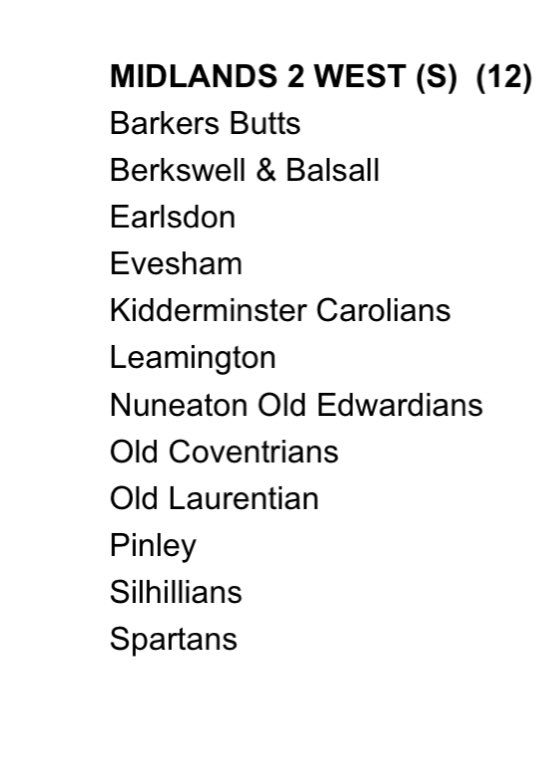 <a href="/NOERFC1/">Nuneaton Old Edwardians</a> <a href="/ButtsBarkers/">Barkers butts</a> <a href="/leamingtonrfc/">Leamington RFC</a> <a href="/OldCoventsRFC/">Old Coventrians RFC</a> <a href="/berksandbalsrfc/">Berkswell&BalsallRFC</a> <a href="/EarlsdonRfc/">Earlsdon RFC</a> <a href="/Pinleyrfc/">Pinley RFC</a> <a href="/OLRFC1/">Old Laurentian RFC</a> <a href="/SilhilliansRUFC/">Silhillians RUFC</a>