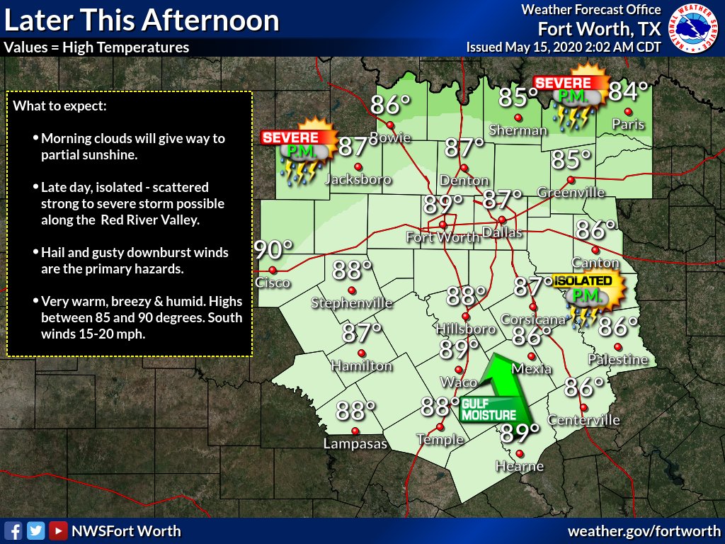 NWSFortWorth's tweet photo. Storm chances will increase late this afternoon, initially across the north. Storms will then move south/southeast through the night. Some thunderstorms could be severe, with damaging winds and large hail the main hazards. #dfwwx #ctxwx #txwx https://t.co/ZSiG3id1j9