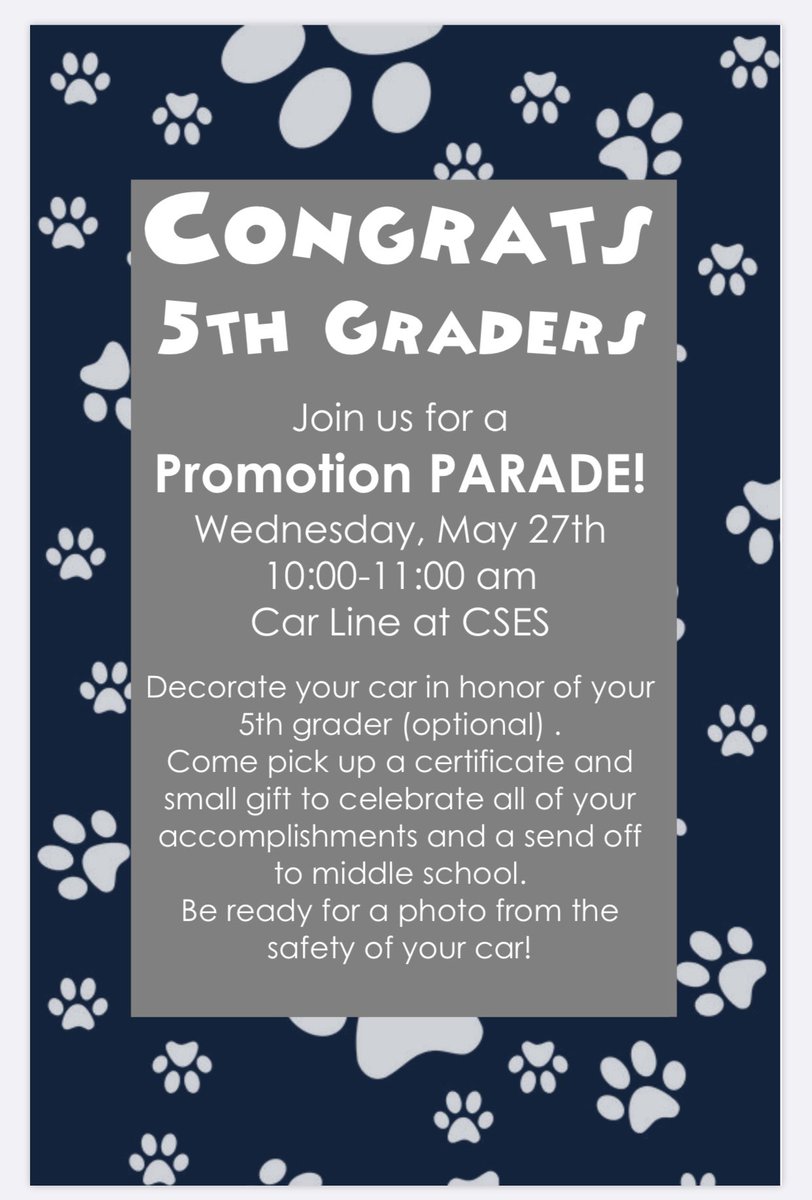 CSESHuskies's tweet photo. Hello Huskies! 💙

Please mark your calendars for our very special end of year parades! 🚗🚙🚗🚙

May 27th - 5th GRADE ONLY
May 28th - EVERYONE 
See details below! 

@LexingtonOne https://t.co/CFLrLcbUCE