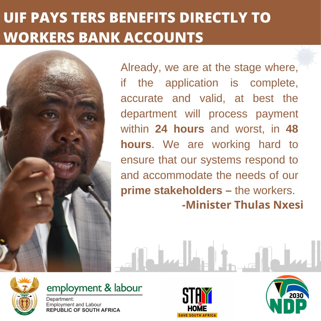 NxesiThulas's tweet photo. MEDIA STATEMENT | 15 May 200

MINISTER NXESI HAILS IMPROVED UIF SYSTEMS WHICH MEANS WORKERS CAN HAVE THEIR RELIEF BENEFITS PAID DIRECTLY INTO THEIR ACCOUNTS

Full statement: https://t.co/2cMJXrrm5d https://t.co/zAMiUEiydG