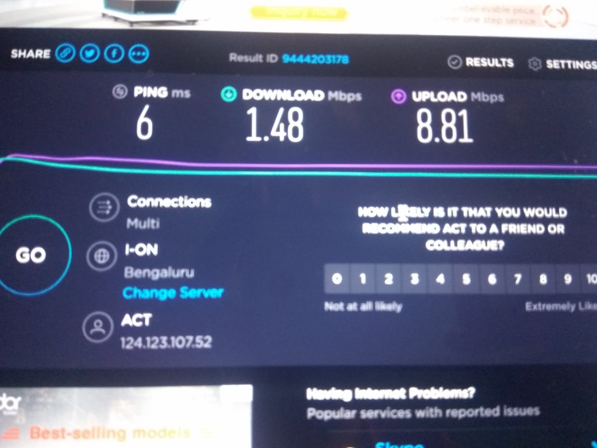 dusisarath's tweet photo. @ACTFibernet I've opted for ACT Lightning plan,supposed to give 200mbps speed. I'm getting 1.48mbps. Do you even care about addressing the complaints? https://t.co/S2J8MS3Wdf